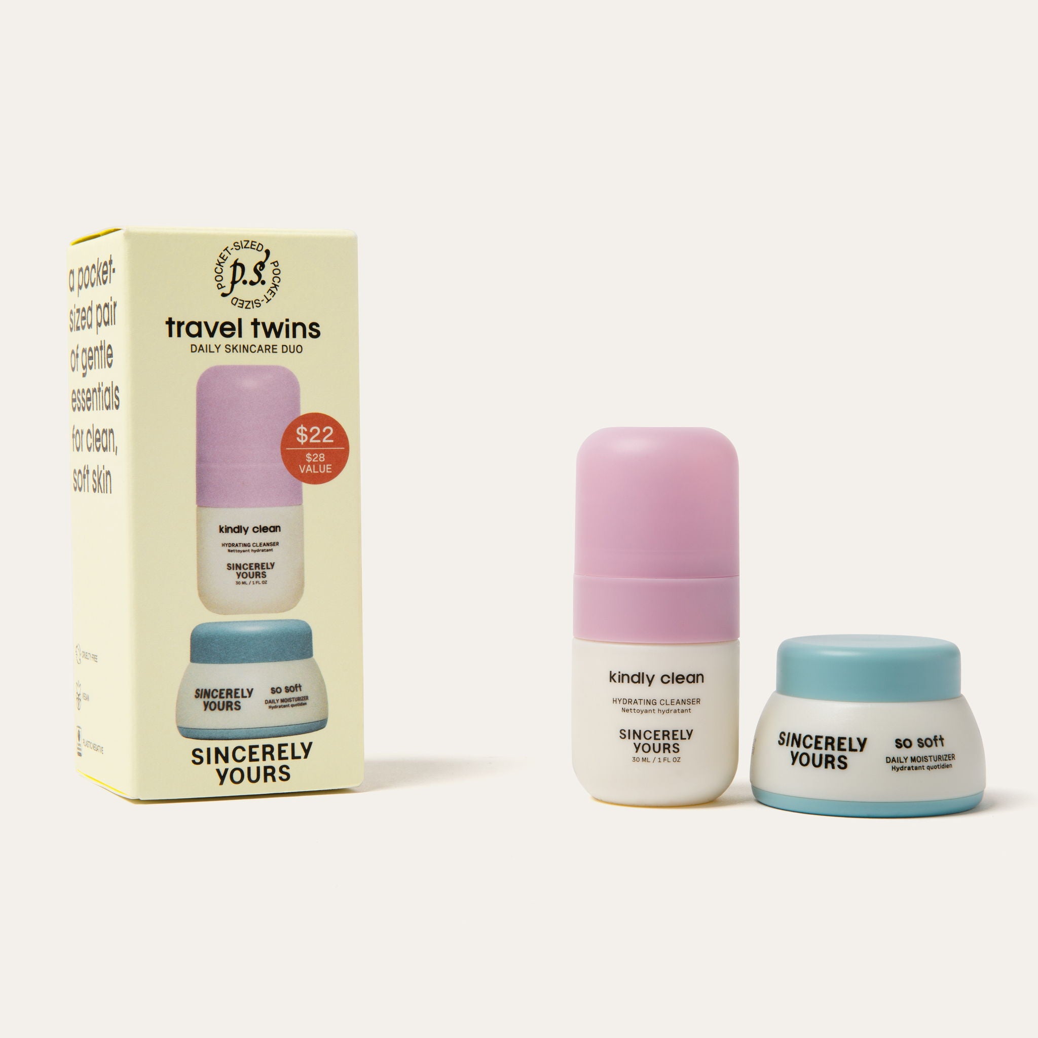 Sincerely Yours P.S. Travel Twins reisesett mini rens og krem