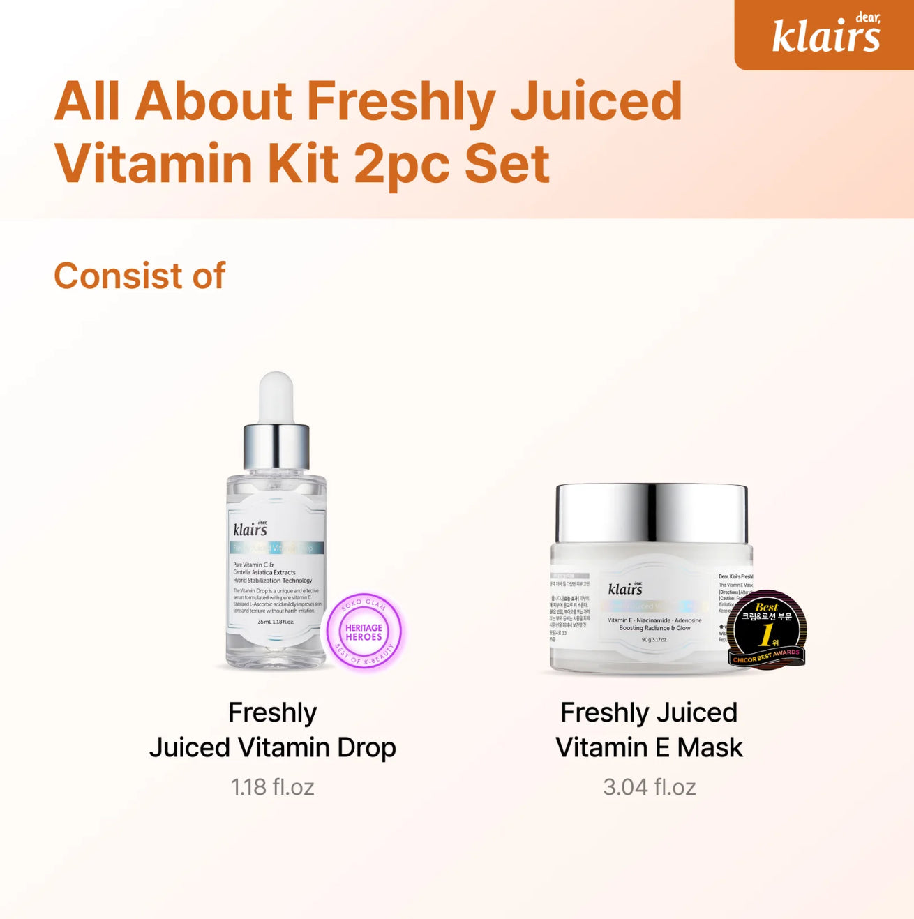 Dear, Klairs Freshly Juiced C Drop + E Mask Set serum glød