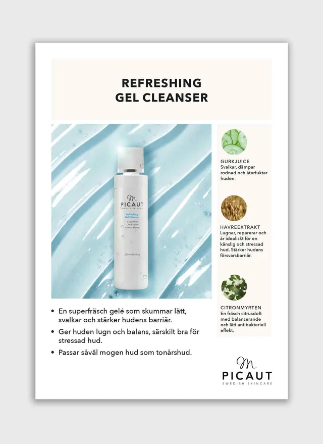 M Picaut Refreshing Gel Cleanser flyer A4 produktfordeler