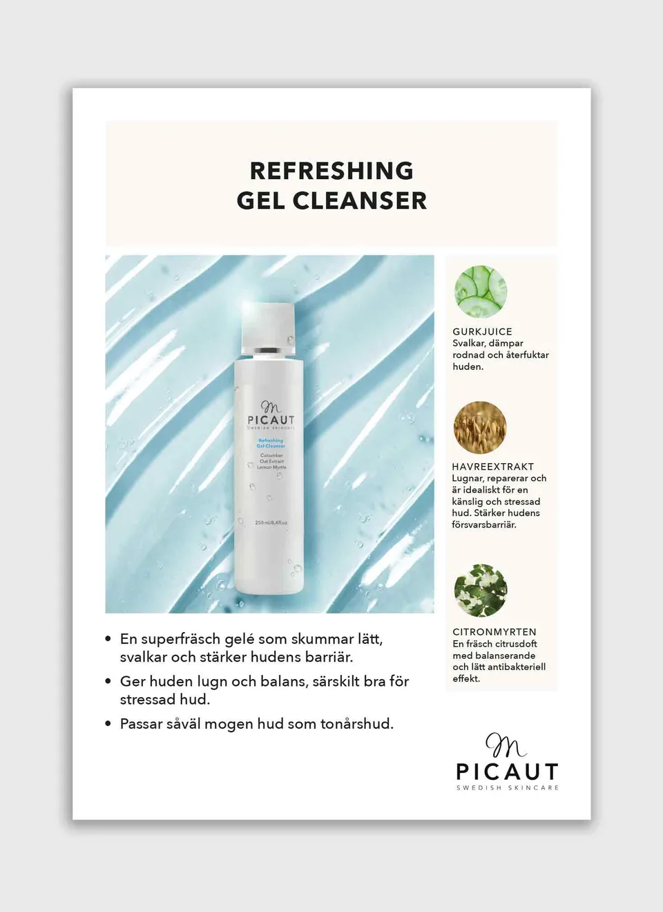 M Picaut Refreshing Gel Cleanser flyer A4 produktfordeler