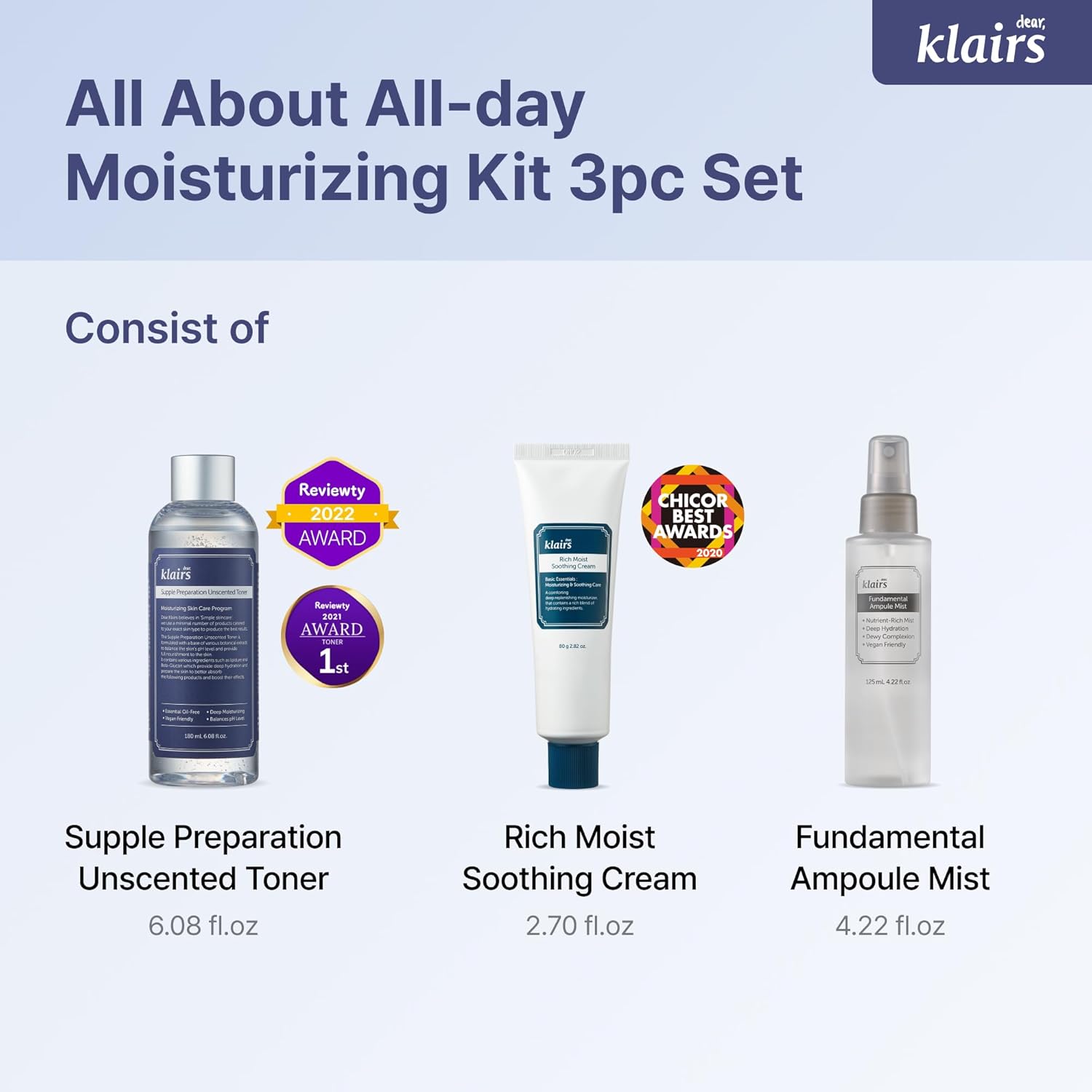 Dear Klairs All Day Moisturizing Kit fuktsett 3 stk uparfymert