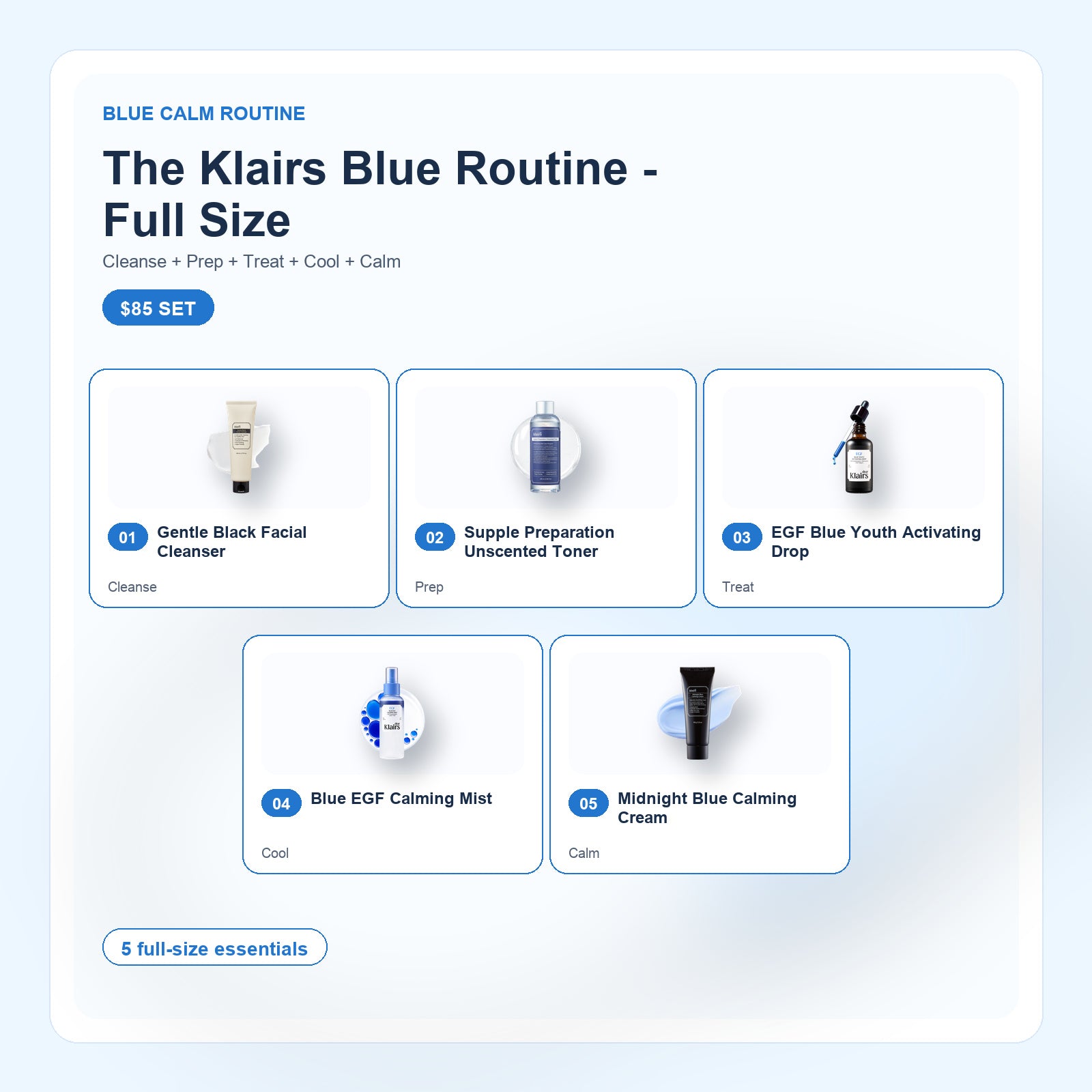 Dear Klairs Blue Routine Full Size hudpleiesett 5 stk sensitiv
