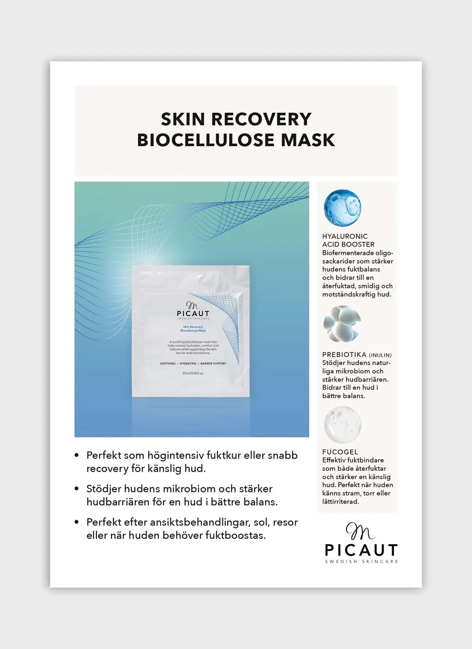 M Picaut Skin Recovery Biocellulose Mask flyer A4 fordeler