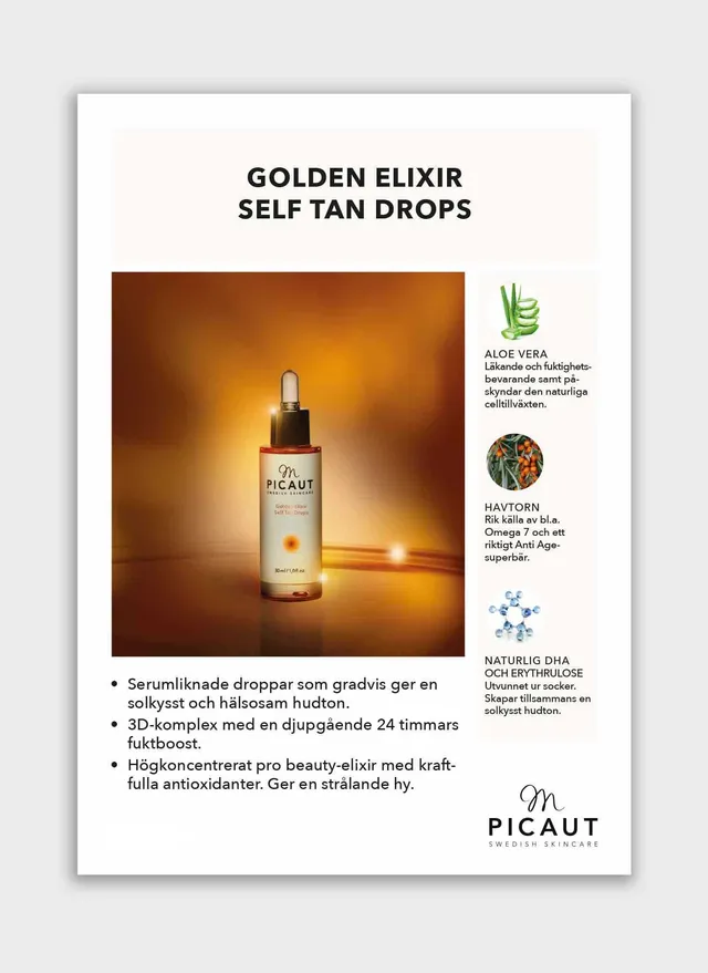 M Picaut Golden Elixir Self Tan Drops flyer A4