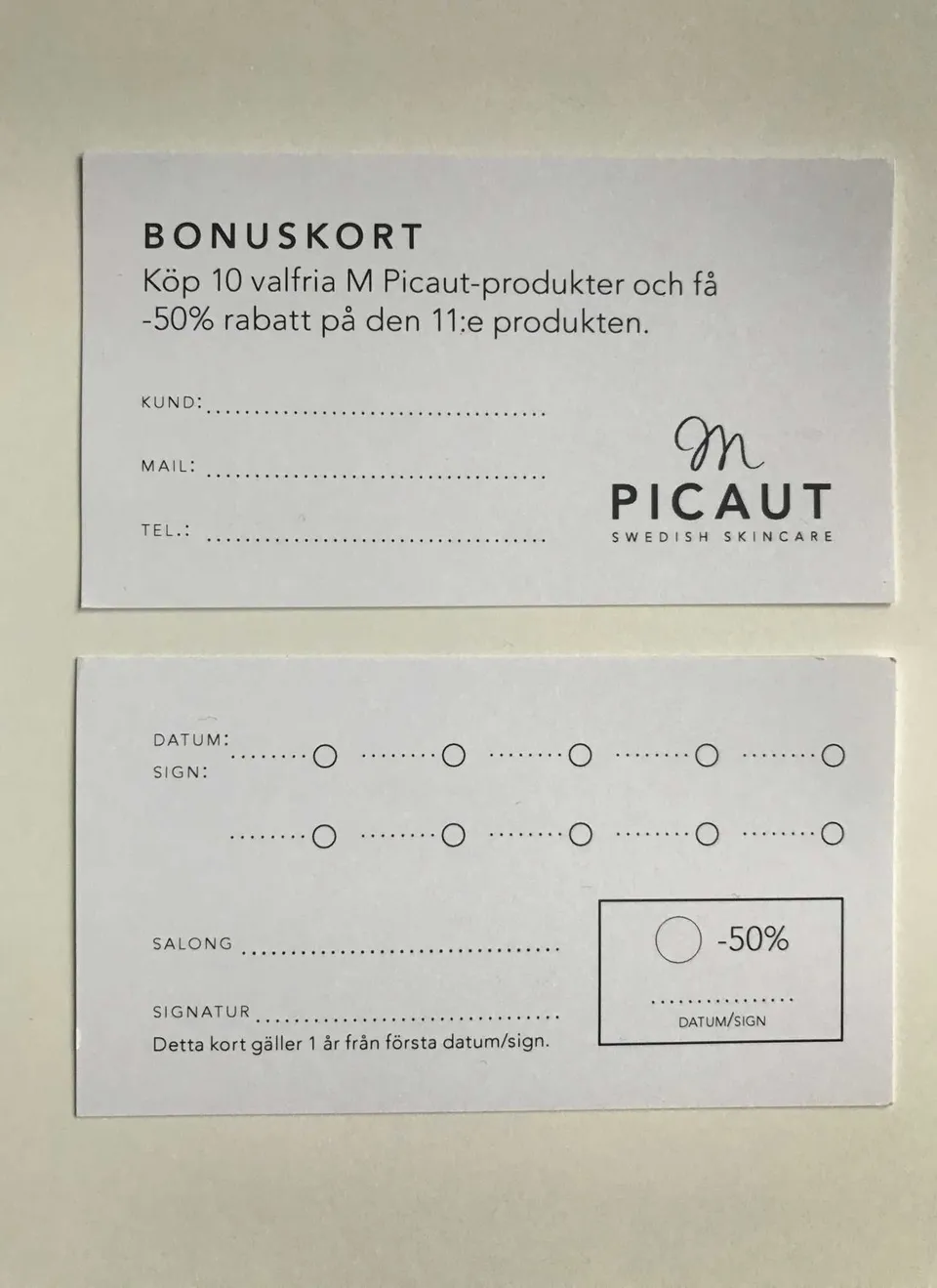 M Picaut Bonuskort 20 stk pakke for salong