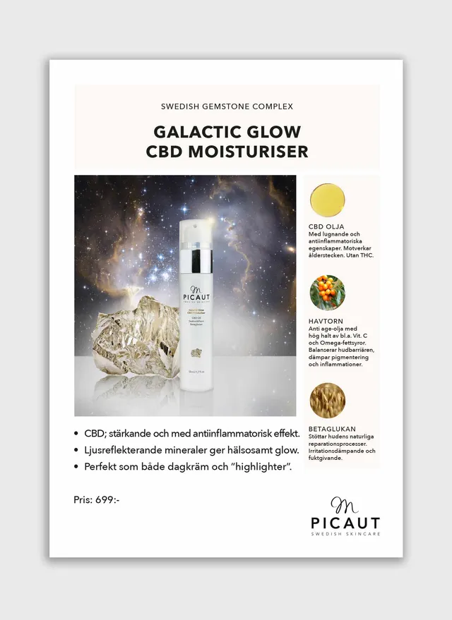 M Picaut Galactic Glow CBD Moisturiser flyer A4 fukt