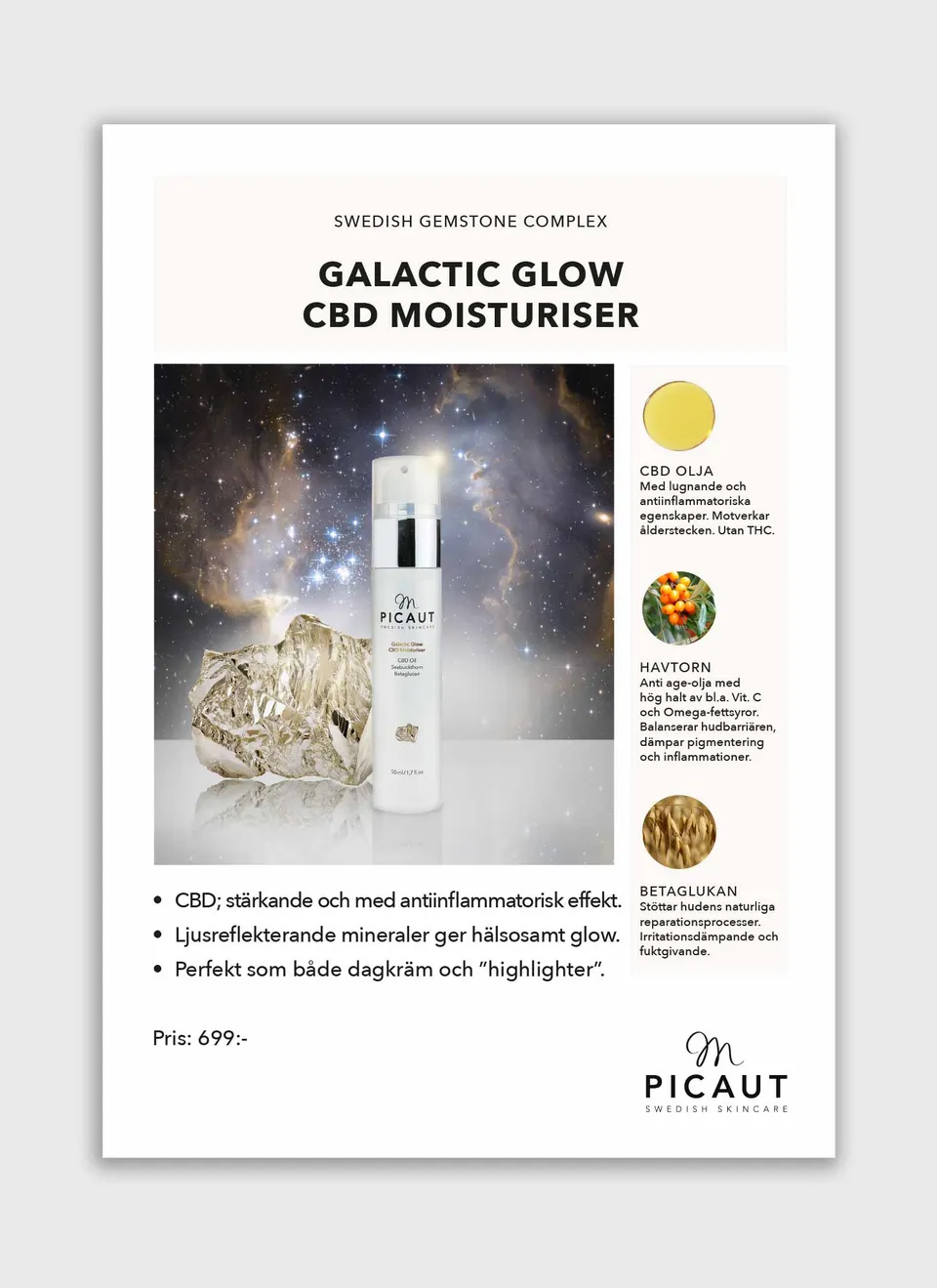 M Picaut Galactic Glow CBD Moisturiser flyer A4 fukt