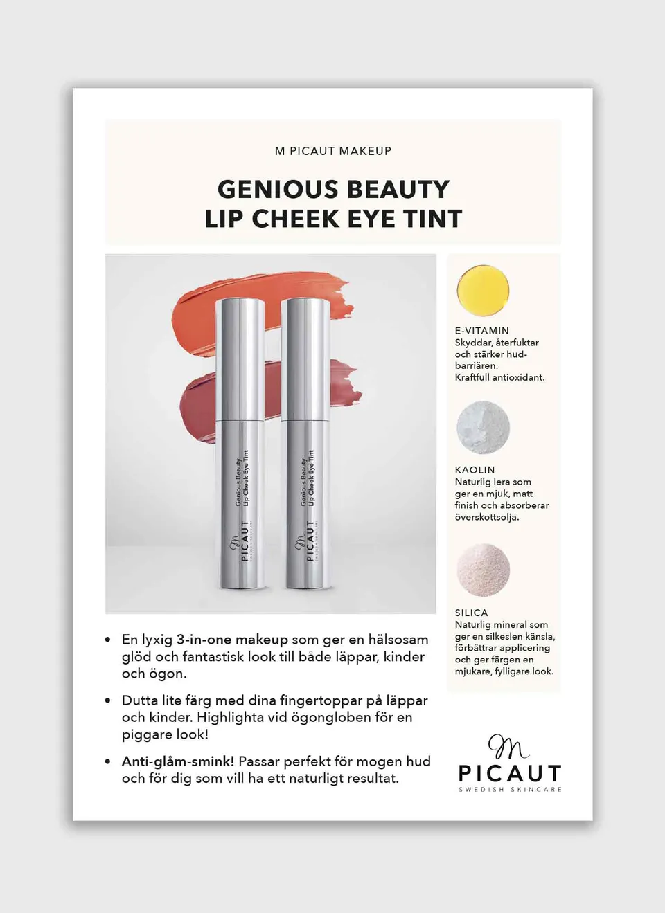 M Picaut Genious Beauty flyer A4 Lip Cheek Eye Tint
