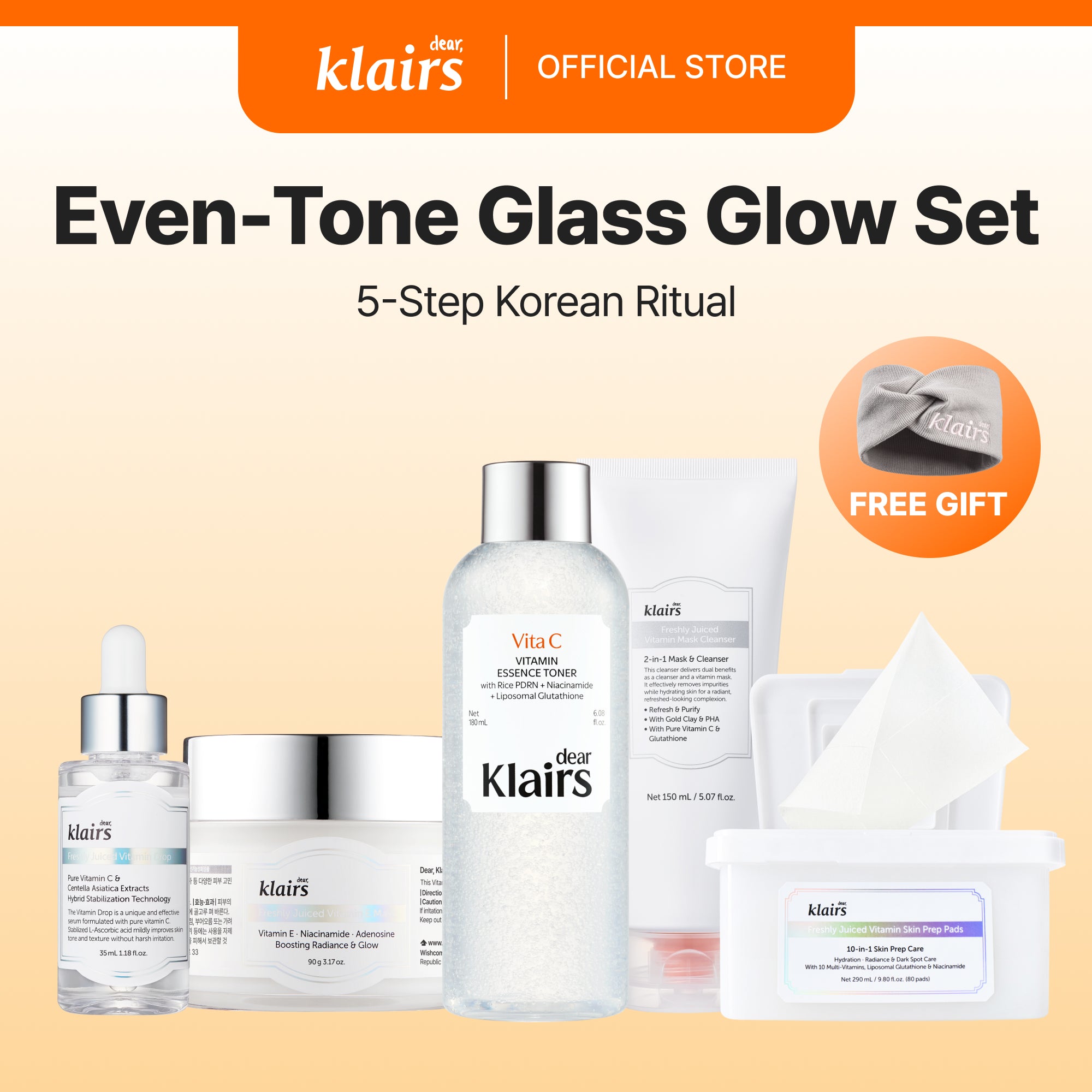 Dear, Klairs Even-Tone Glass Glow Set hudpleiesett 5 steg glød