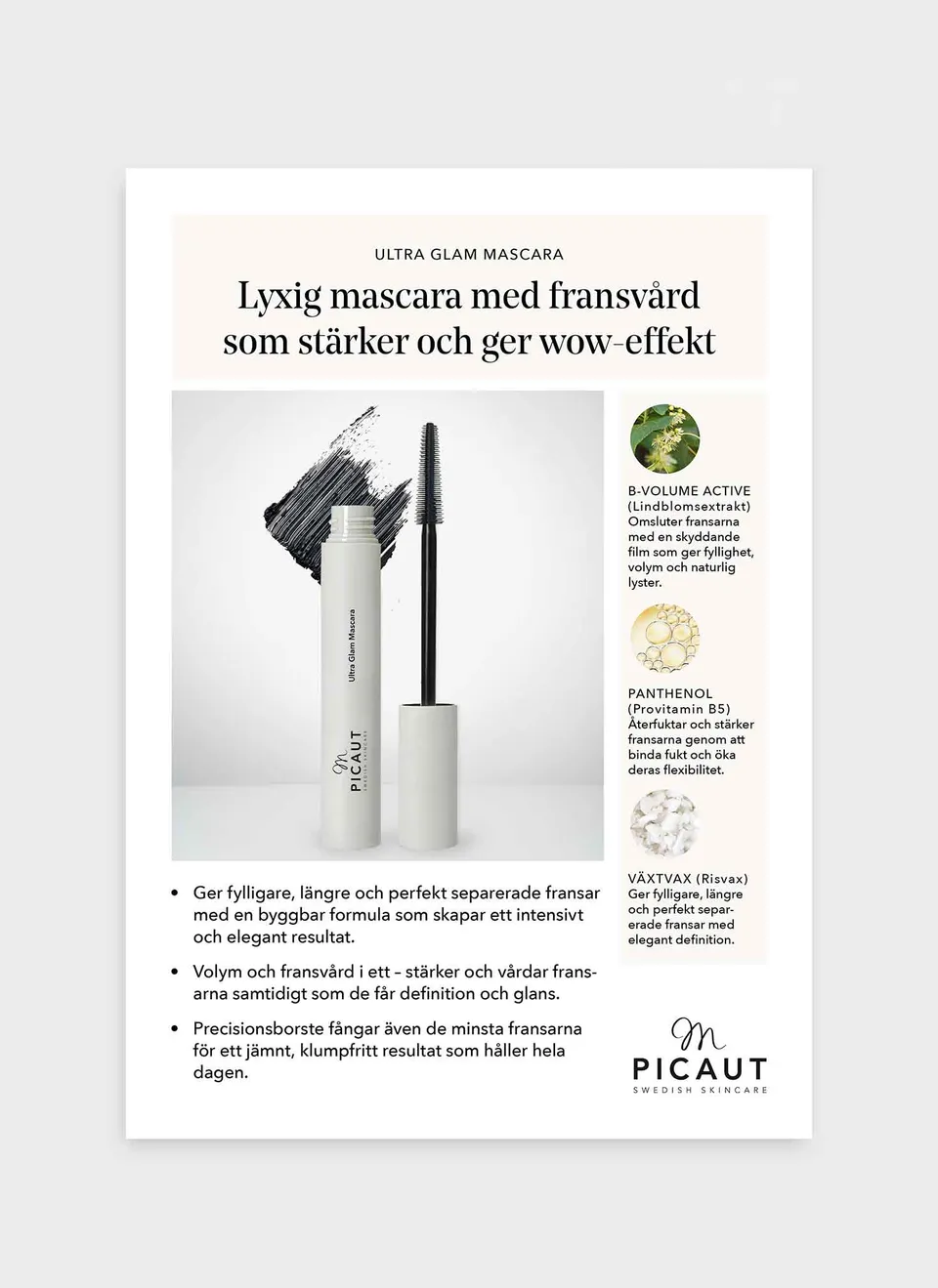 M Picaut Ultra Glam mascara flyer A4 produktfordeler
