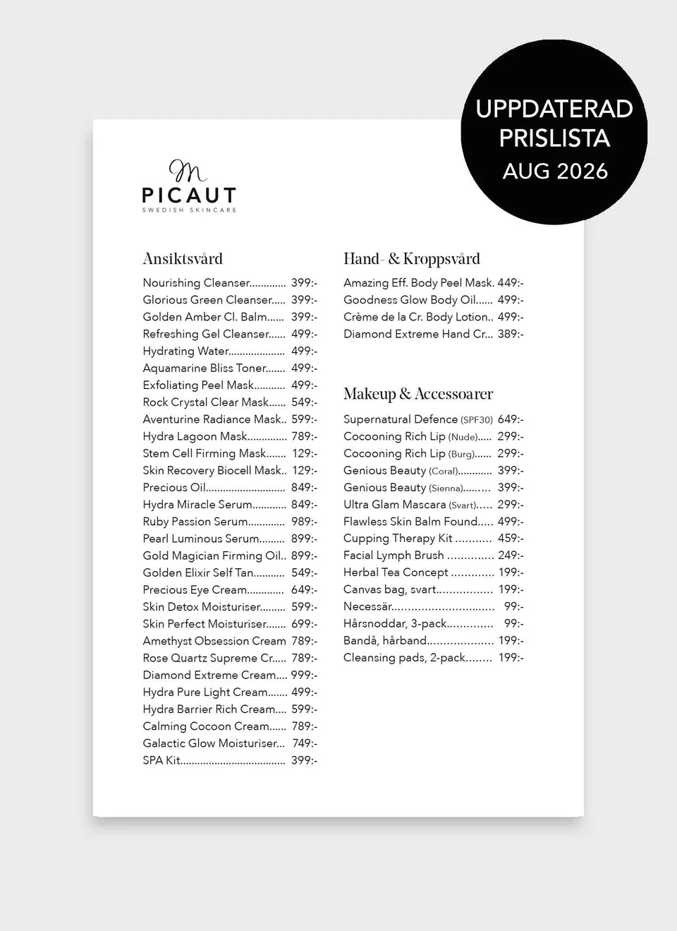 M Picaut Prislista flyer A5 august 2026