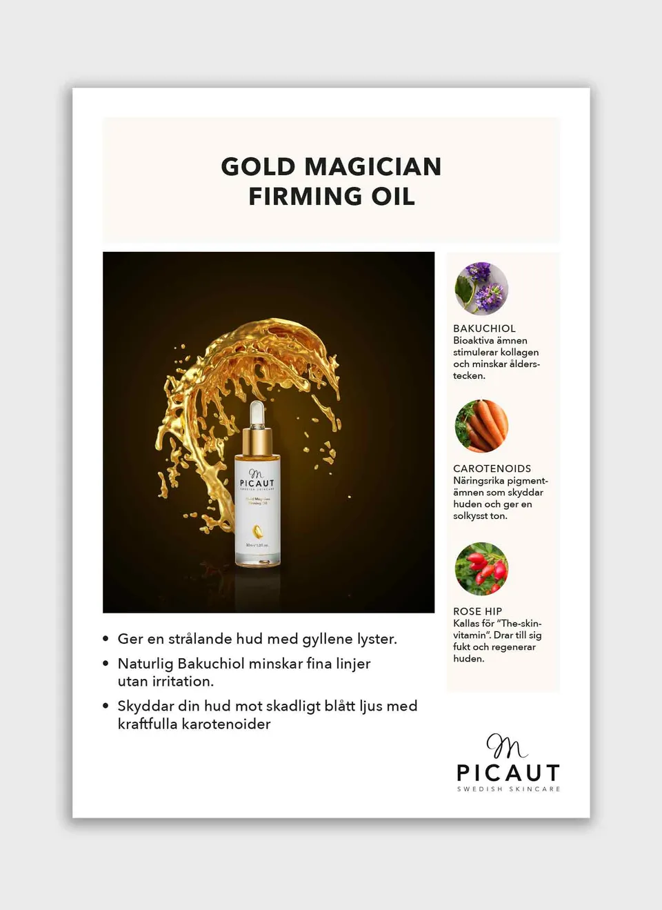 M Picaut Gold Magician Firming Oil flyer A4 produktfordeler