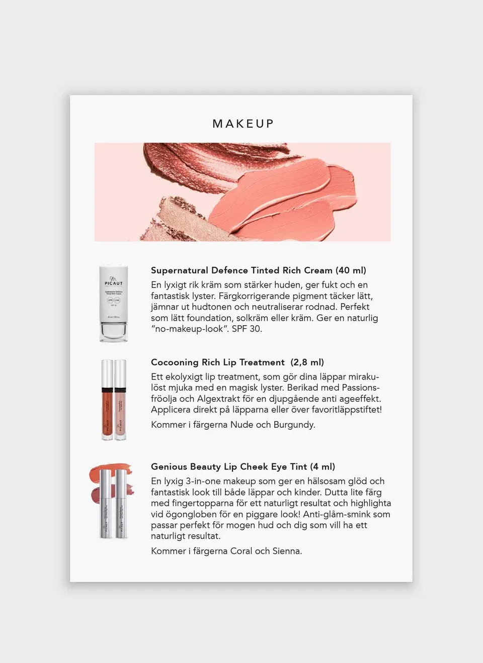 M Picaut Makeup flyer A5 informasjonsark